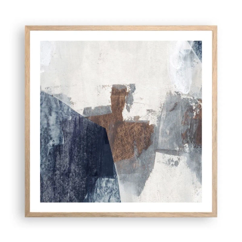 Plakat i ramme af lyst egetræ - Blåbrune former - 60x60 cm