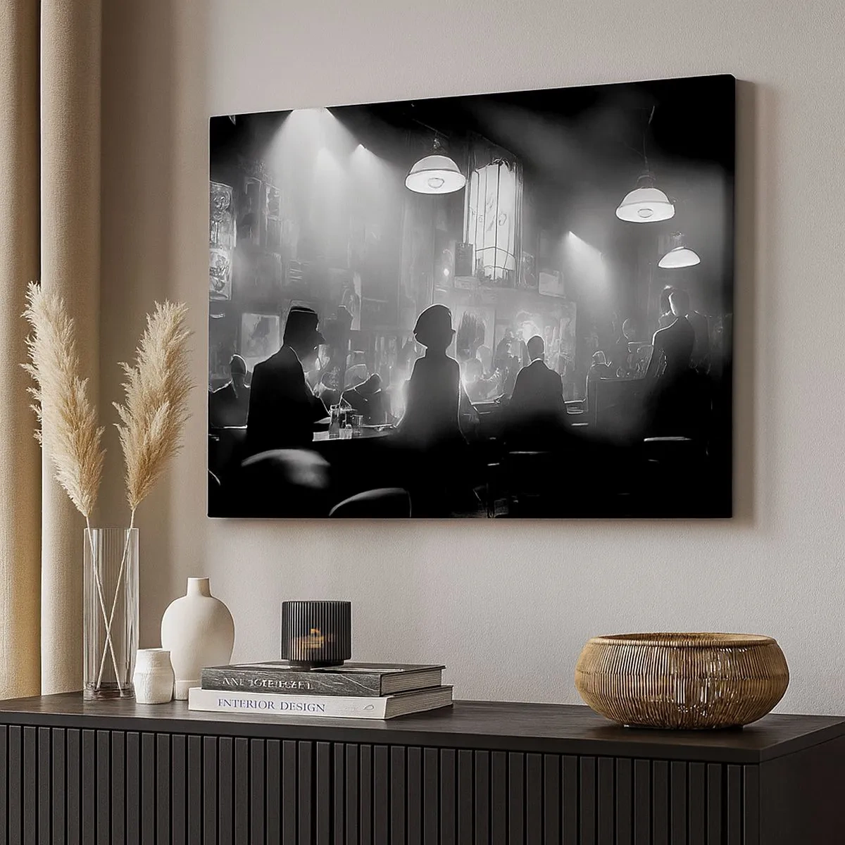 Lærredstryk - Billede på lærred - Sort-hvid jazznatklubscene - 70x50cm - I en jazzet stemning - Moderne vægdekoration til stue og soveværelse ARTTOR