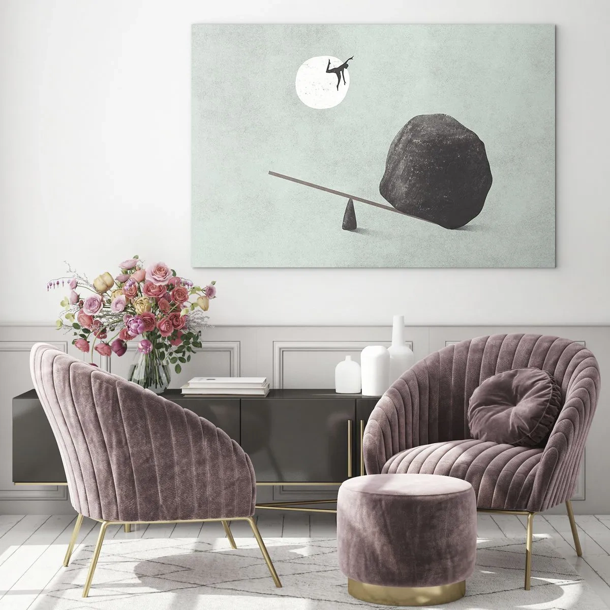 Billede på glas - En minimalistisk scene med en mand, der flyver mod månen. - 70x50cm - En drøm går i opfyldelse - Moderne vægdekoration til stue og soveværelse ARTTOR