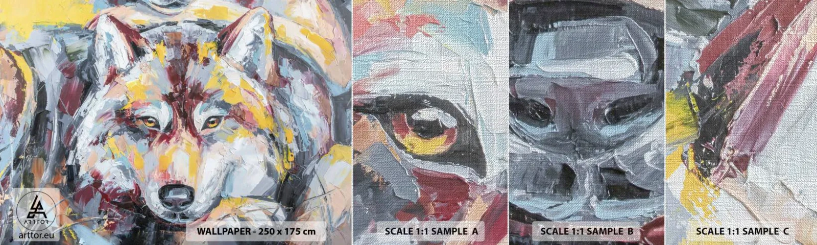 Prøve Fototapet Premium Canvas - Fred blandt kære - Abstraktion, Ulv, Maleri - 100x30 cm