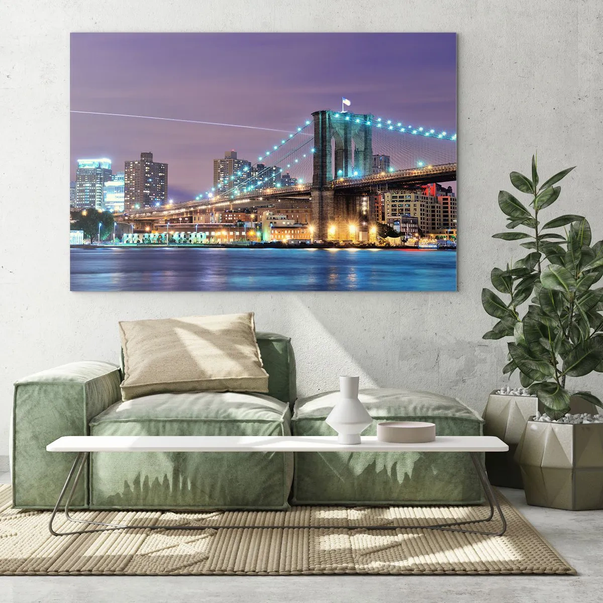 Billede på glas - Brooklyn Bridge om natten med tårnene og byen oplyst - 70x50cm - I mange år har Brooklyn Bridge - Moderne vægdekoration til stue og soveværelse ARTTOR