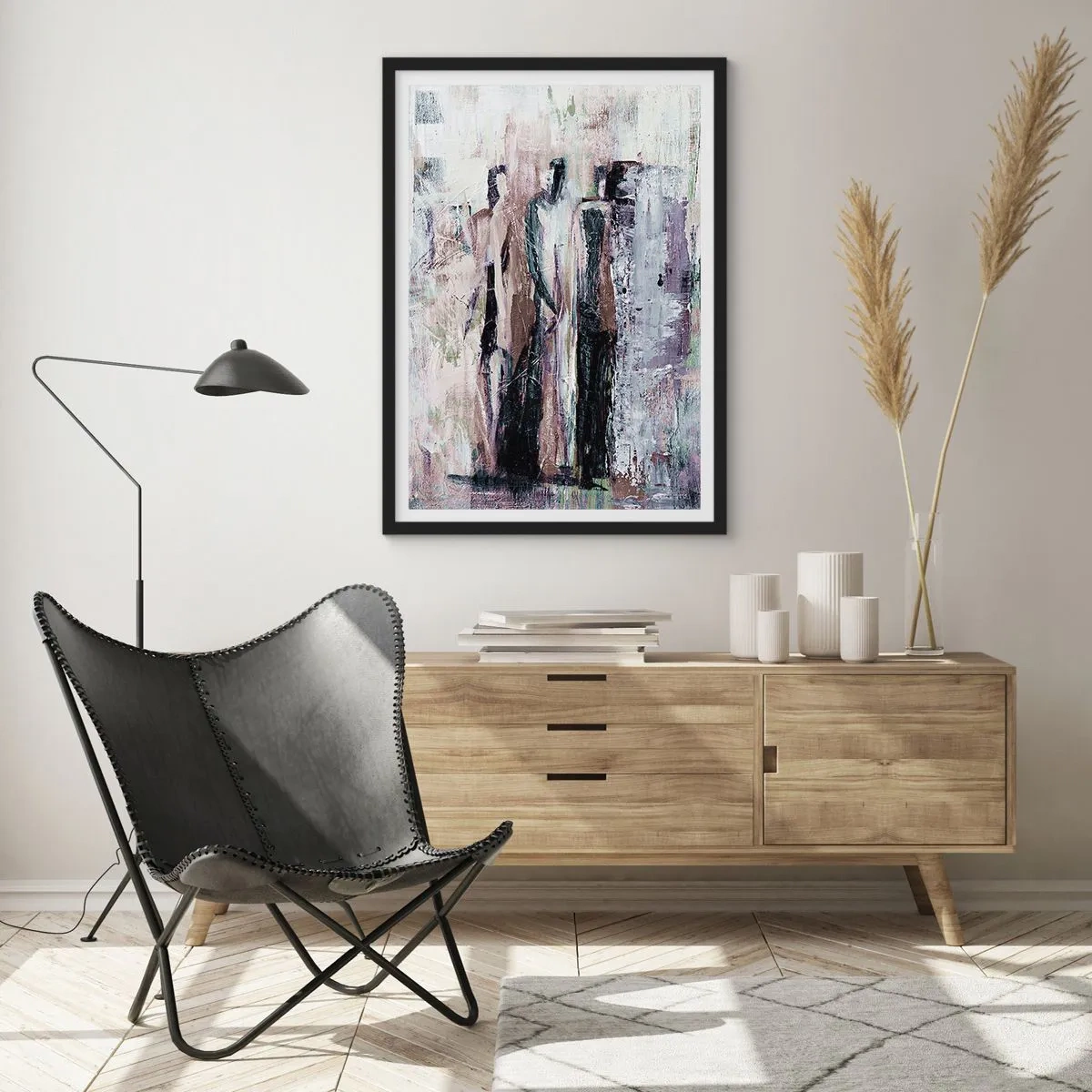Plakat i sort ramme - Abstrakte figurer i dæmpede farver - 50x70cm - De mystiske tre - Moderne vægdekoration til stue og soveværelse ARTTOR