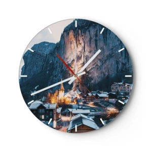 Vægur, Uret - En malerisk landsby ved foden af snedækkede bjerge oplyst af varmt lys - 30x30cm - Vinterens lysende ånd - Moderne vægdekoration til stue, køkken og soveværelse ARTTOR