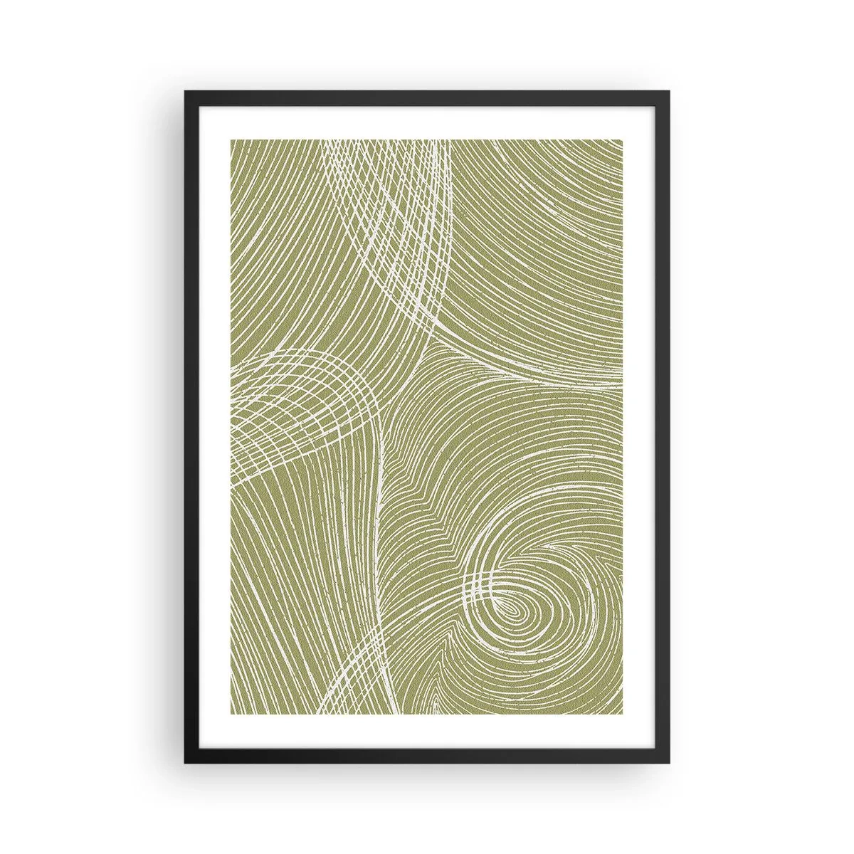 Plakat i sort ramme - En abstrakt komposition i grønne nuancer med dynamiske linjer. - 50x70cm - Indviklet abstraktion i hvidt - Moderne vægdekoration til stue og soveværelse ARTTOR