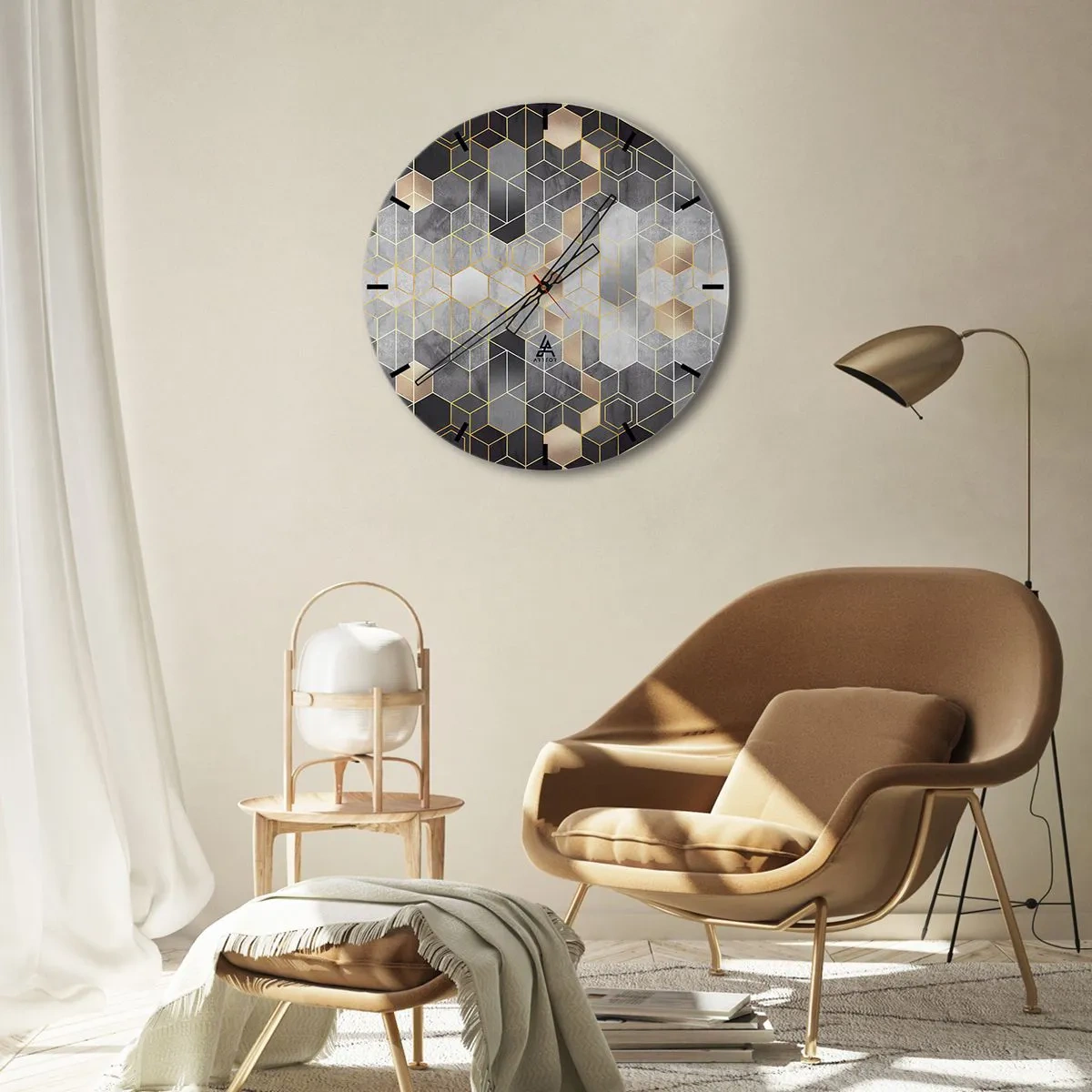 Vægur, Uret - Geometrisk mosaik i nuancer af grå og guld - 30x30cm - Sammensætning af diamanter - Moderne vægdekoration til stue, køkken og soveværelse ARTTOR