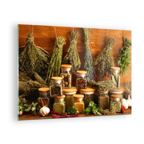 Billede på glas - Krydderurter og krydderier i krukker på en træbaggrund - 70x50cm - Køkkenmagi - Moderne vægdekoration til stue og soveværelse ARTTOR