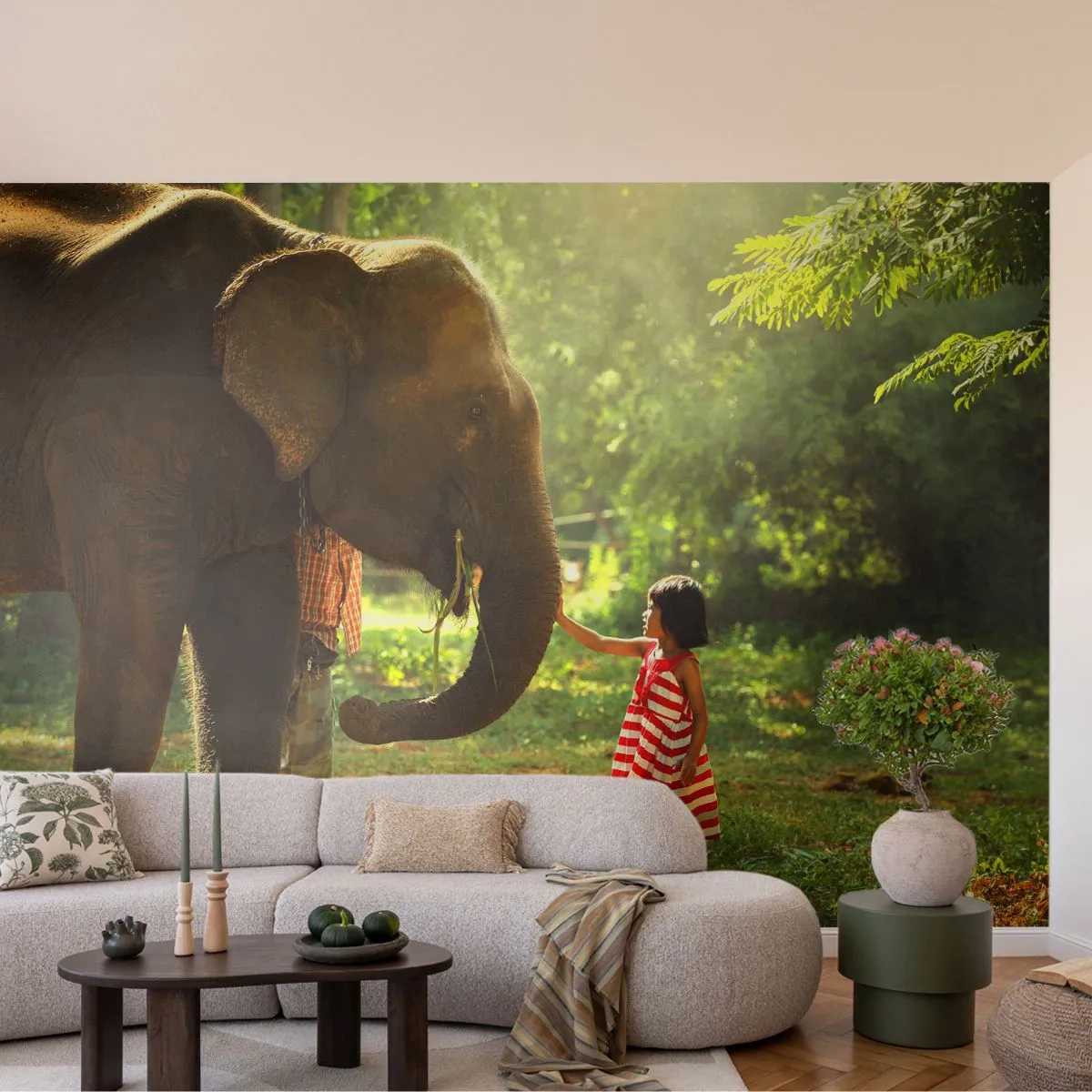Fototapet Selvklæbende Deluxe Sticker - Venskabets kraft - Dyr, Elefant, Pige - 350x256 cm
