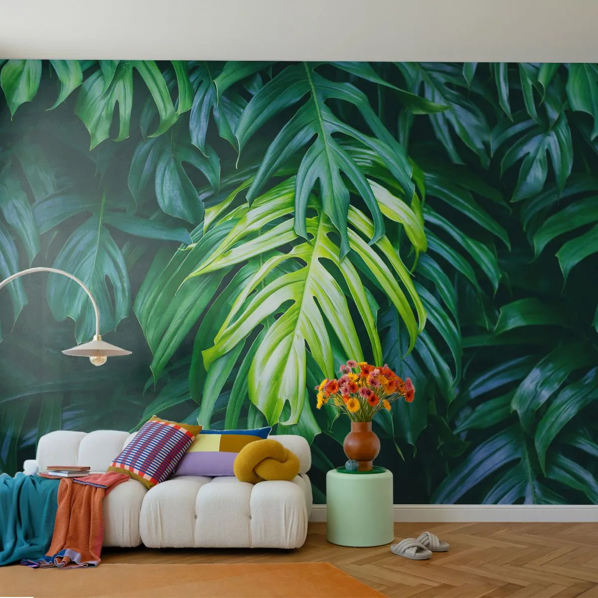 Fototapet Premium Sand - Fordyb dig i friskhed - Tropisk plante, Monstera blad, Natur - 100x70 cm