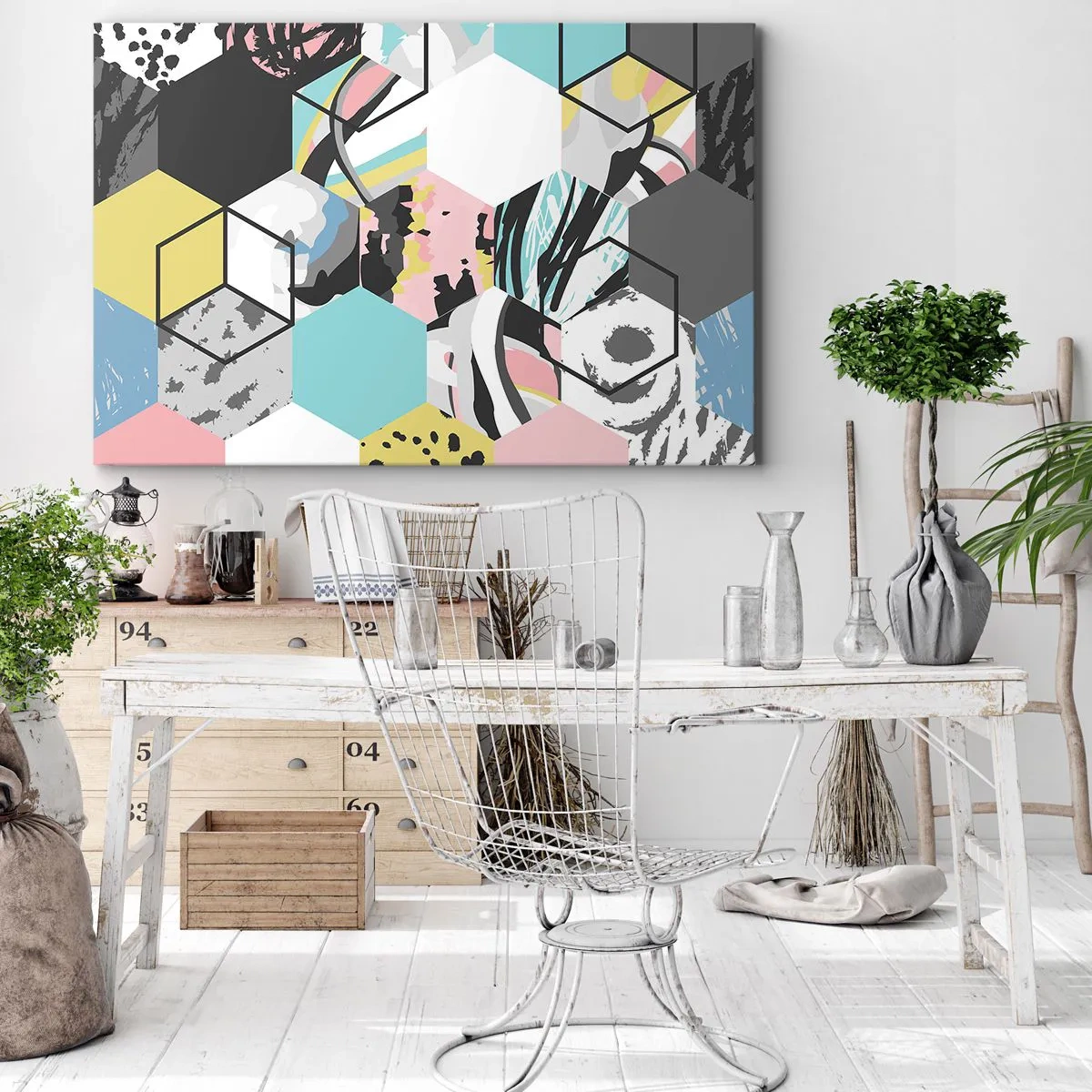 Lærredstryk - Billede på lærred - Geometrisk sekskantmønster med farverige abstrakte detaljer - 70x50cm - Sekskanter og terninger i seks farver - Moderne vægdekoration til stue og soveværelse ARTTOR
