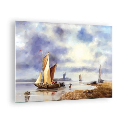 Billede på glas - Sejlbåde på en rolig sø med vindmøller i baggrunden - 70x50cm - Sømændenes tilbagevenden - Moderne vægdekoration til stue og soveværelse ARTTOR