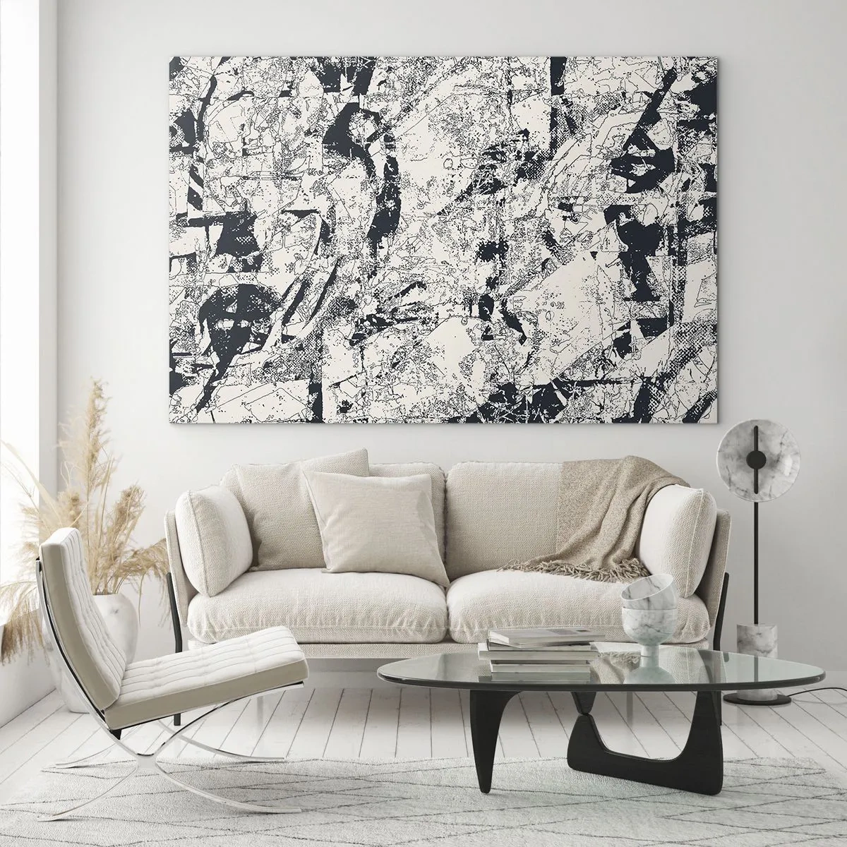 Billede på glas - Sort-hvid abstraktion med dynamiske linjer og teksturer - 70x50cm - Modsætningernes gennemtrængning - Moderne vægdekoration til stue og soveværelse ARTTOR