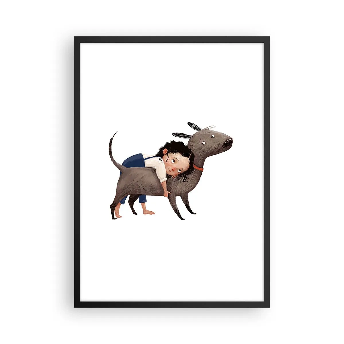 Plakat i sort ramme - Illustration af et barn, der krammer en hund på en hvid baggrund - 50x70cm - Bedste venner - Moderne vægdekoration til stue og soveværelse ARTTOR