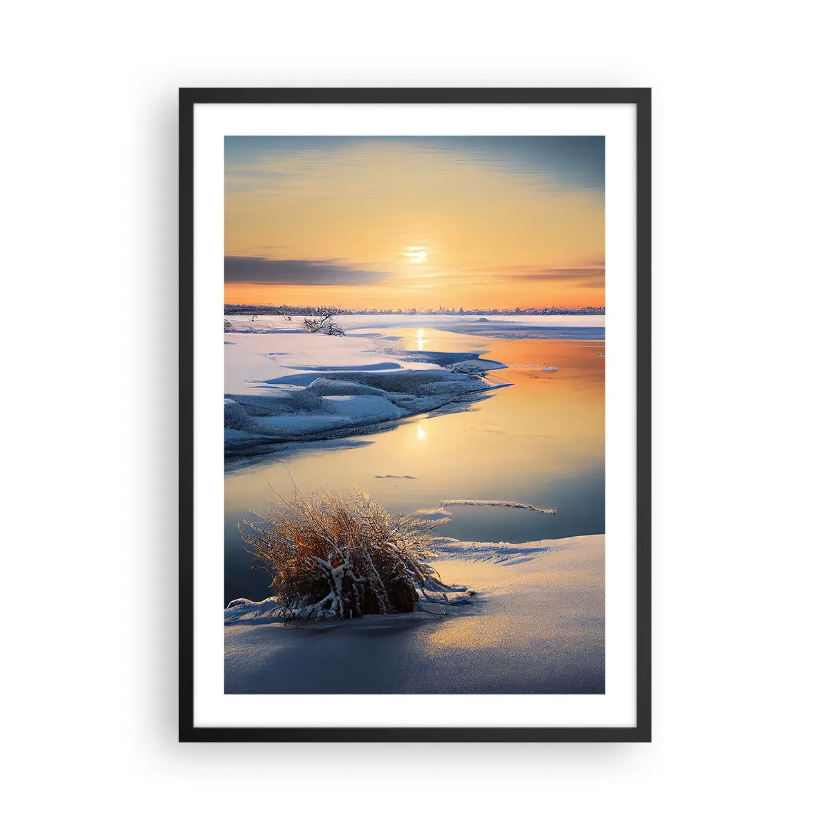 Plakat i sort ramme - Vinterlandskab med en flod ved solnedgang - 50x70cm - Vintersolnedgang - Moderne vægdekoration til stue og soveværelse ARTTOR