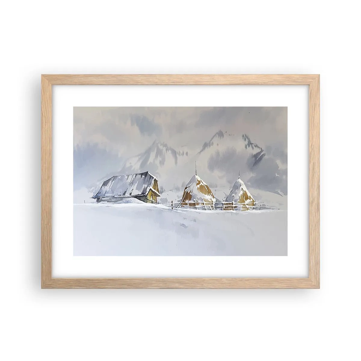 Plakat i ramme af lyst egetræ - I en sneklædt dal - 40x30 cm