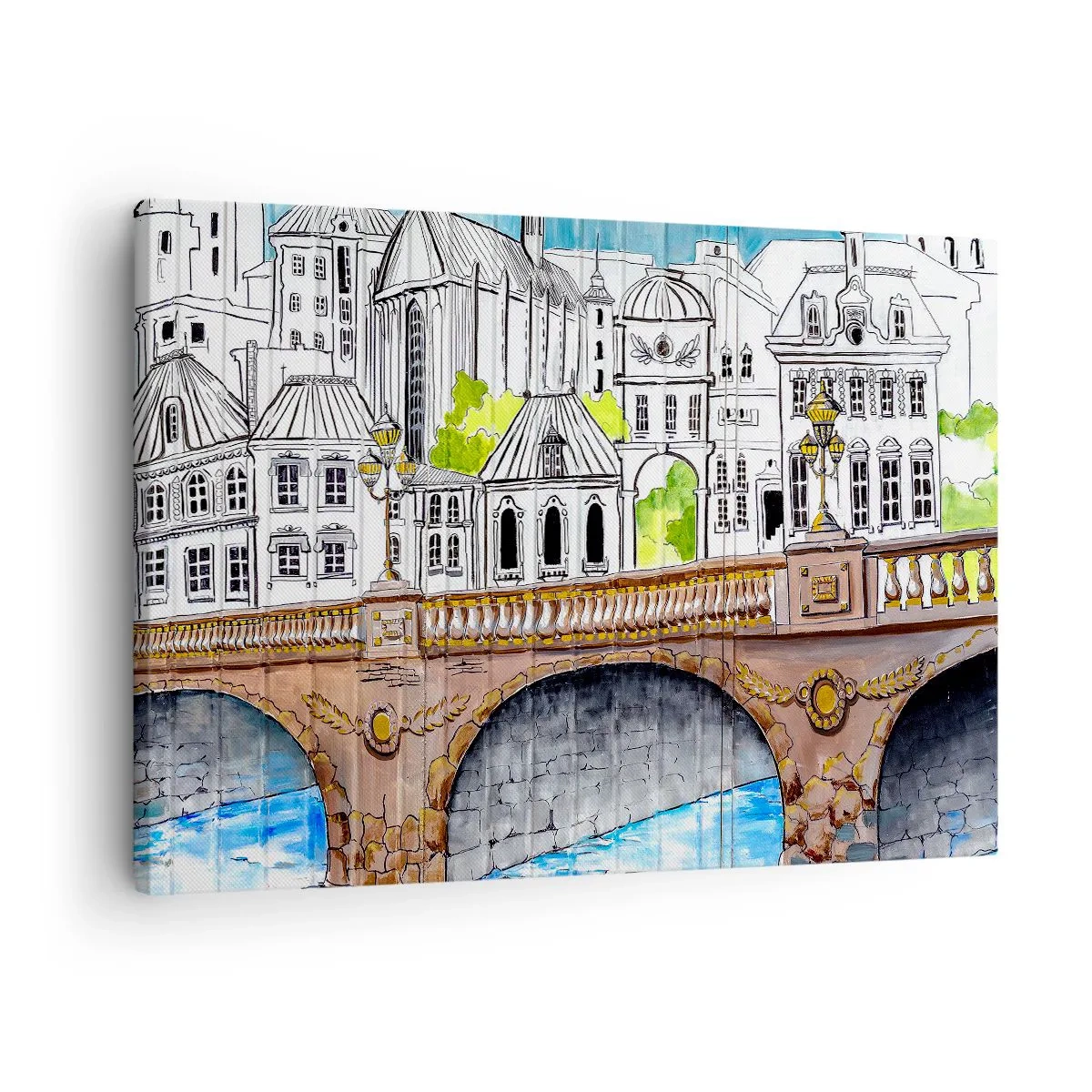 Lærredstryk - Billede på lærred - Tegning af broen og historisk byarkitektur - 70x50cm - Byen som den er malet - Moderne vægdekoration til stue og soveværelse ARTTOR
