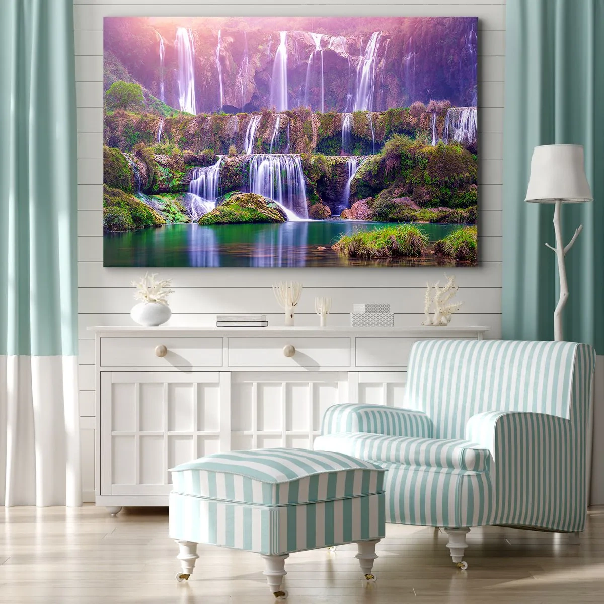 Lærredstryk - Billede på lærred - Vandfald omgivet af grønne områder med pastelfarvet belysning - 70x50cm - Trappe til himlen - Moderne vægdekoration til stue og soveværelse ARTTOR