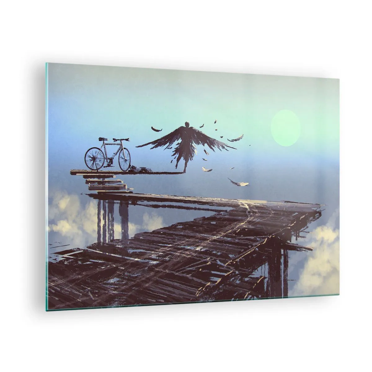 Billede på glas - En figur med en cykel på en træbro over skyerne - 70x50cm - Icarus for evigt i live - Moderne vægdekoration til stue og soveværelse ARTTOR