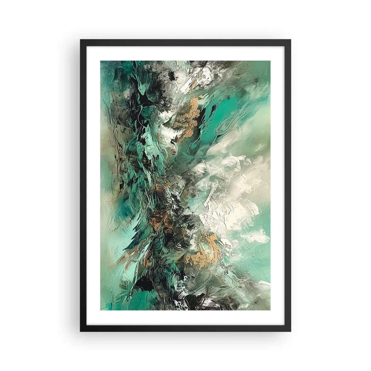 Plakat i sort ramme - Abstrakt komposition i nuancer af grønt og guld - 50x70cm - Smaragdsort byld - Moderne vægdekoration til stue og soveværelse ARTTOR