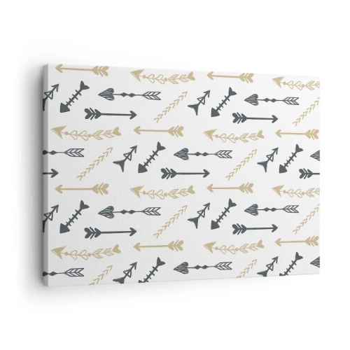 Lærredstryk - Billede på lærred - Et minimalistisk mønster med pile i beige og grå farver. - 70x50cm - Skyttens drøm - Moderne vægdekoration til stue og soveværelse ARTTOR