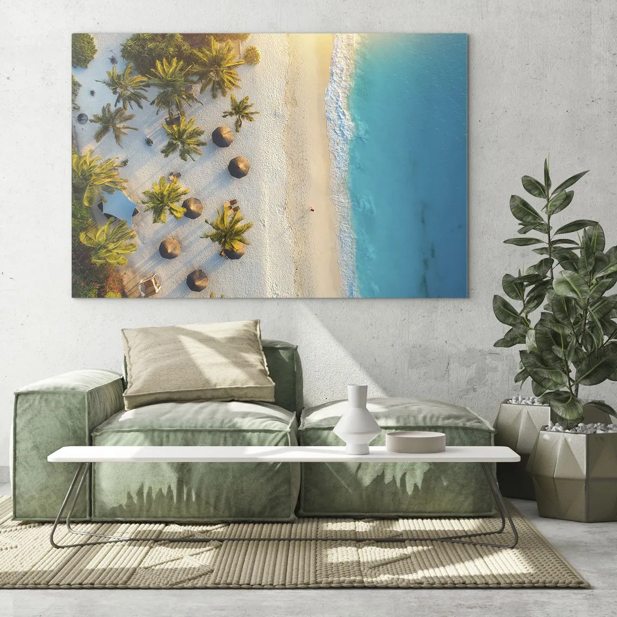 Billede på glas - Luftfoto af en tropisk strand med palmer og parasoller - 70x50cm - Velkommen til paradis - Moderne vægdekoration til stue og soveværelse ARTTOR