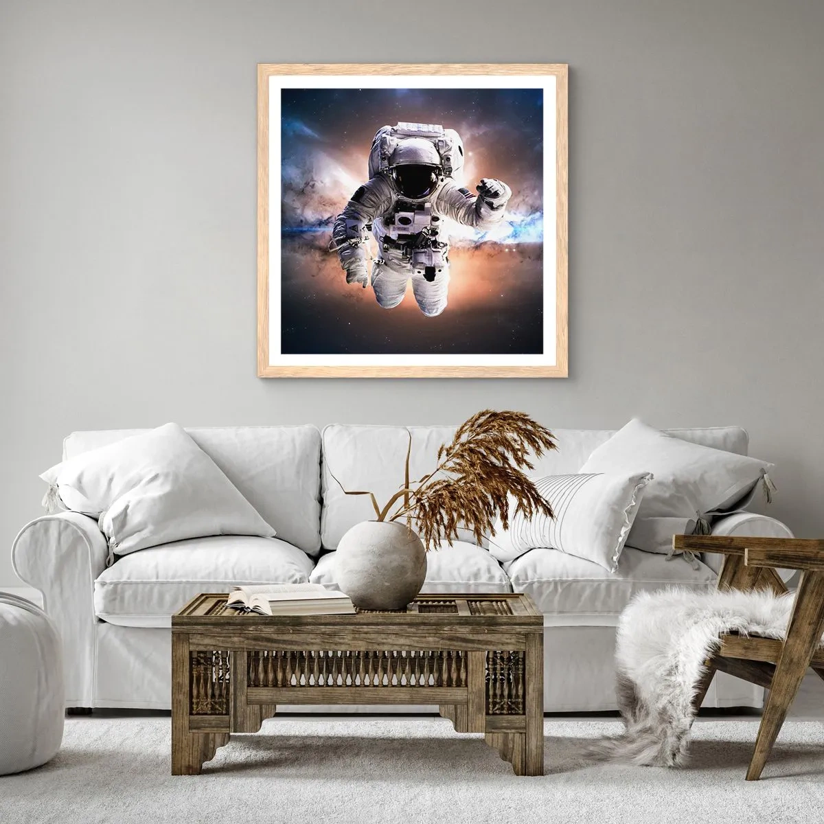Plakat i ramme af lyst egetræ - Hilsner fra det ydre rum - 40x40 cm
