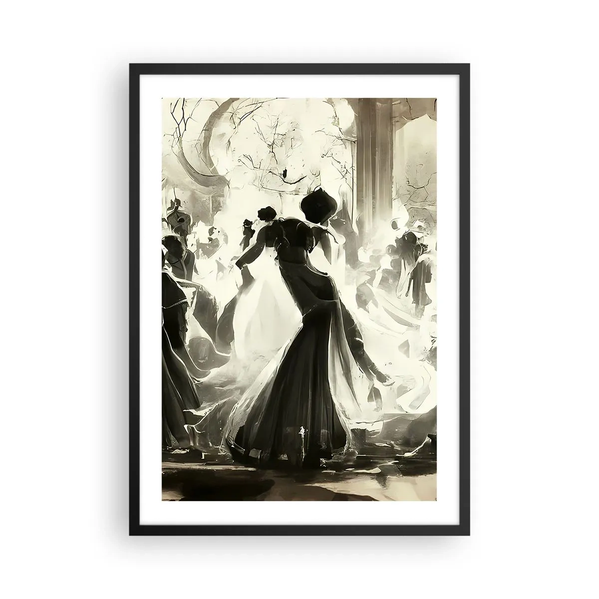 Plakat i sort ramme - En elegant bold i sort og hvid - 50x70cm - Den store maskerade - Moderne vægdekoration til stue og soveværelse ARTTOR