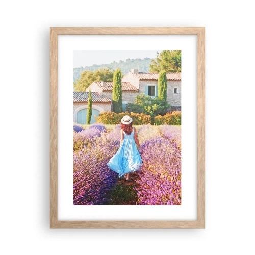 Plakat i ramme af lyst egetræ - Lavendel pige - 30x40 cm