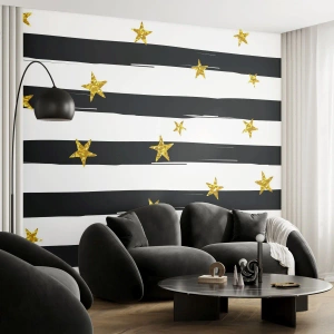 Fototapet Premium Sand - Vi blev alle født under en heldig stjerne - Grafik, Guldstjerne, Sorte og hvide striber - 100x70 cm