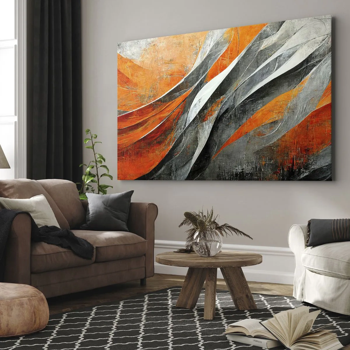 Lærredstryk - Billede på lærred - Abstrakte linjer i nuancer af orange og grå - 70x50cm - Varme og kulde - Moderne vægdekoration til stue og soveværelse ARTTOR