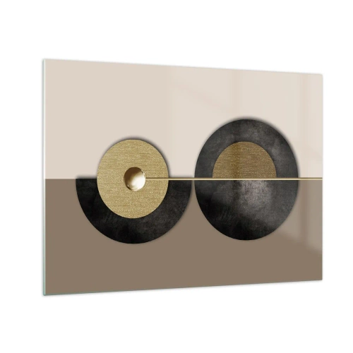 Billede på glas - Geometriske cirkler i guld og sort på en beige baggrund - 70x50cm - Variationer omkring en cirkel - Moderne vægdekoration til stue og soveværelse ARTTOR