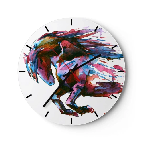 Vægur, Uret - En dynamisk hest i akvarelfarver med en flagrende manke - 30x30cm - I henrykkelse - Moderne vægdekoration til stue, køkken og soveværelse ARTTOR