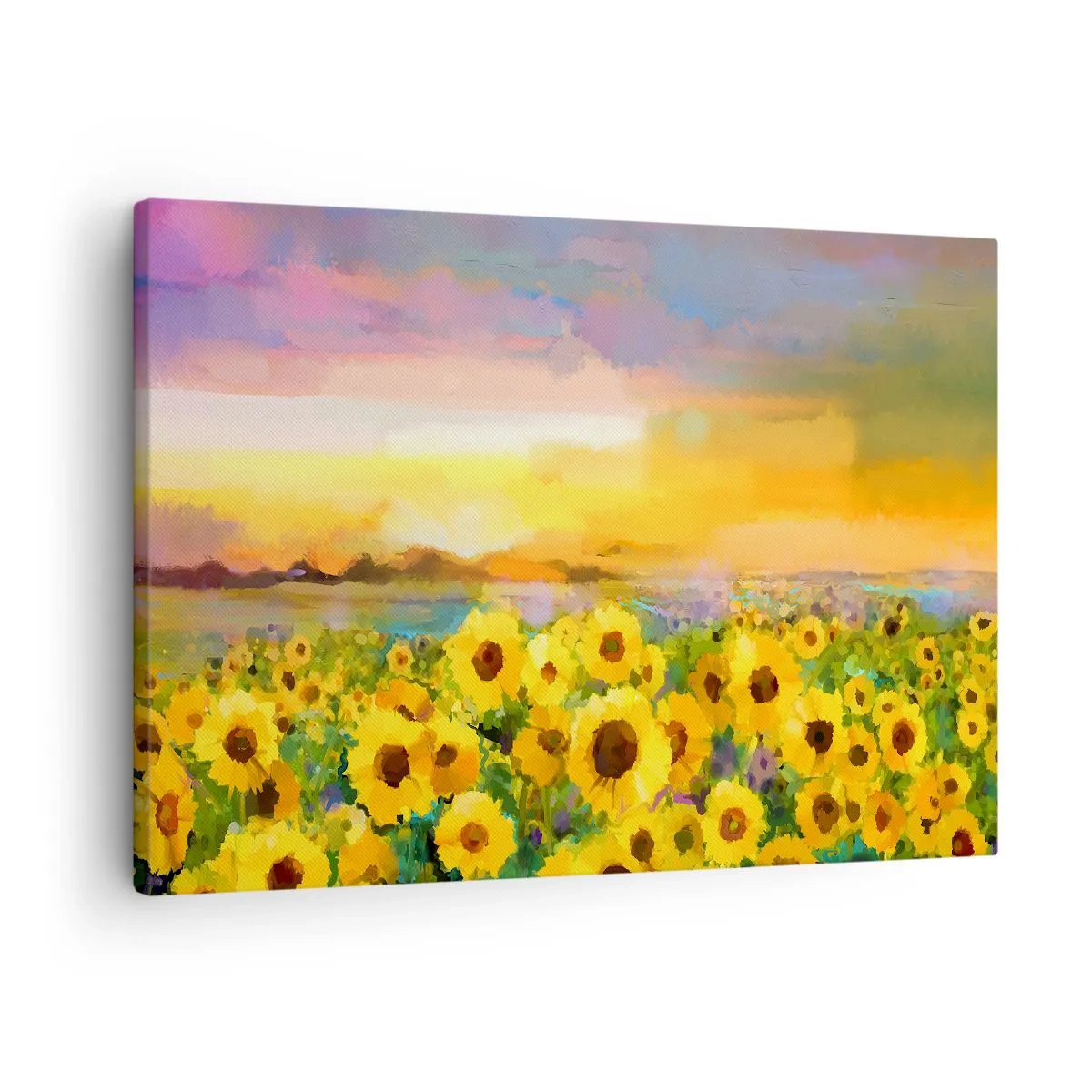 Lærredstryk - Billede på lærred - En mark med solsikker i lyset af den nedgående sol - 70x50cm - Selve solen er steget ned på jorden - Moderne vægdekoration til stue og soveværelse ARTTOR