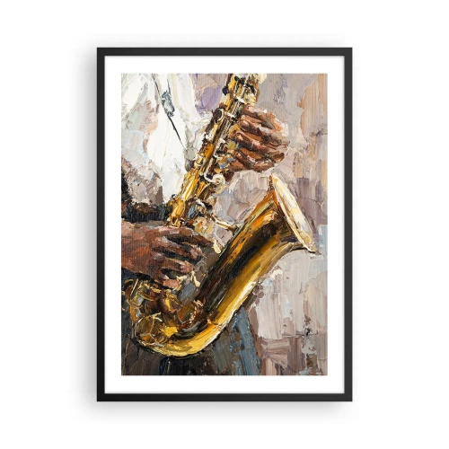 Plakat i sort ramme - En saxofonist, der spiller i en kunstnerisk maleristil - 50x70cm - Tid til at gå solo - Moderne vægdekoration til stue og soveværelse ARTTOR