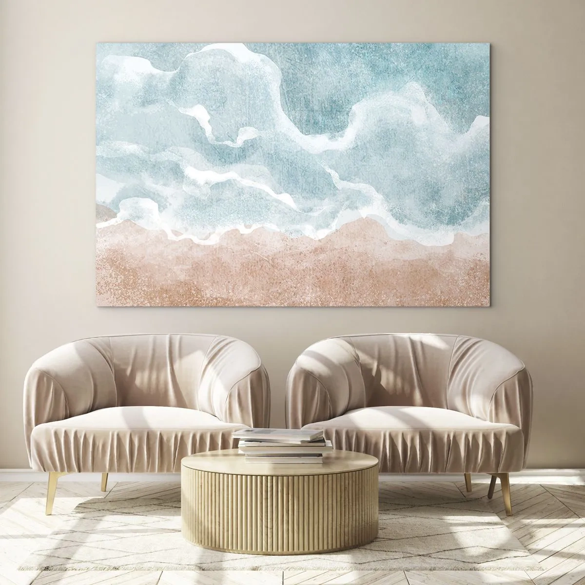 Billede på glas - Pastelbølger i blå og beige farver skaber en uklar abstraktion. - 70x50cm - Abstraktion af skyer - Moderne vægdekoration til stue og soveværelse ARTTOR