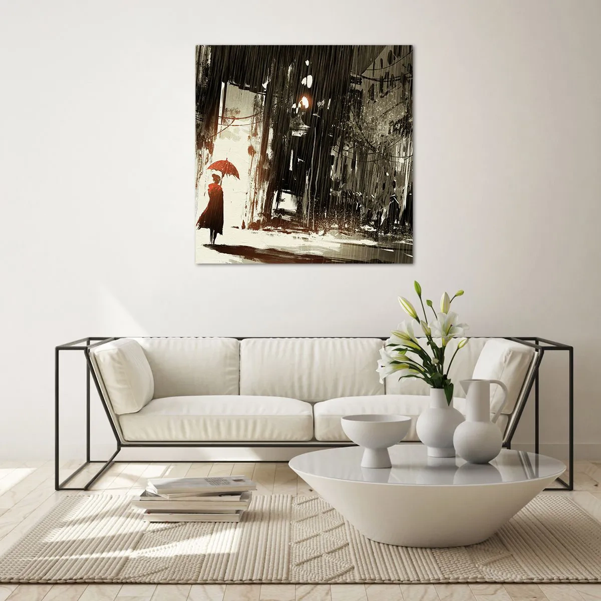 Billede på glas - Den røde paraplys poesi - 60x60 cm