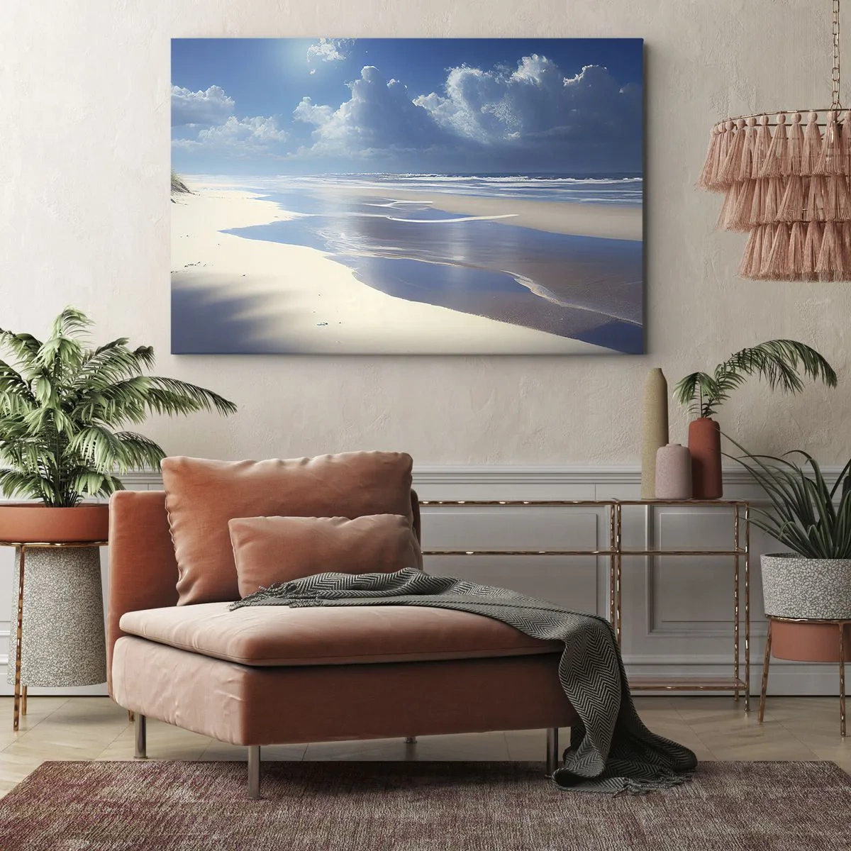 Lærredstryk - Billede på lærred - En sandstrand med bølger under en blå himmel - 70x50cm - Ferie i paradis - Moderne vægdekoration til stue og soveværelse ARTTOR