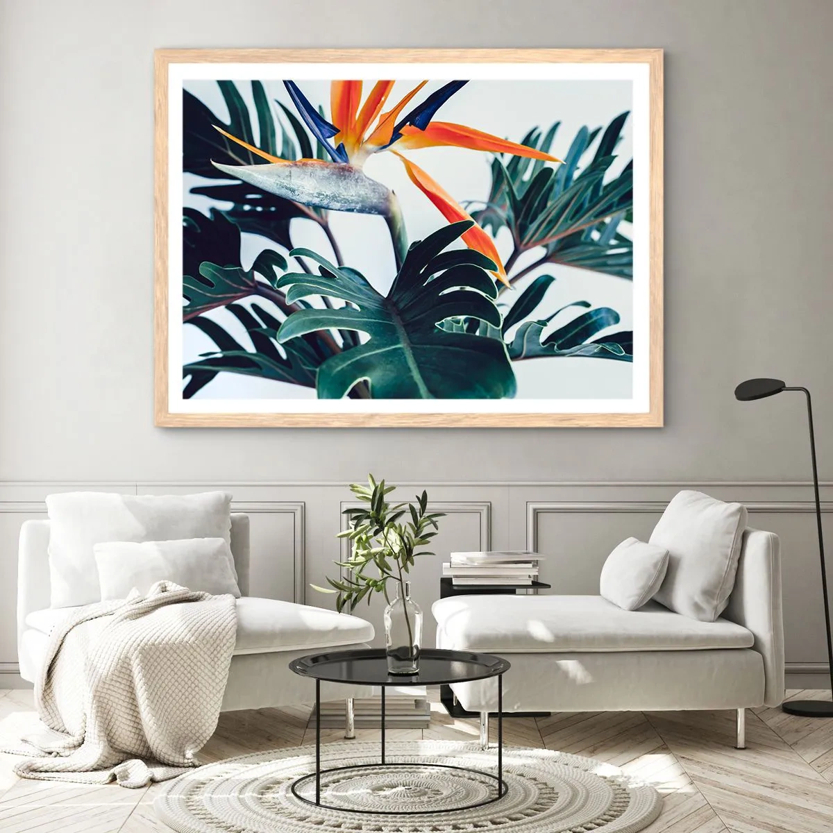 Plakat i ramme af lyst egetræ - Fuglebur - 100x70 cm