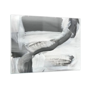 Billede på glas - Sort-hvid abstraktion med dynamiske penselstrøg. - 70x50cm - Med beslutsom bevægelse - Moderne vægdekoration til stue og soveværelse ARTTOR