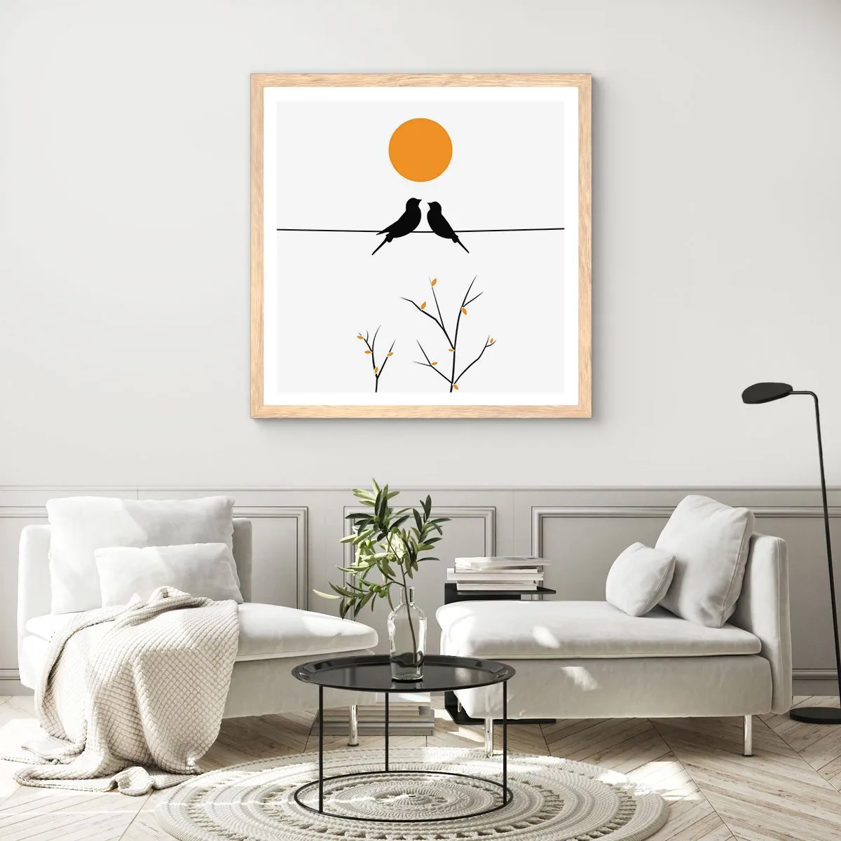 Plakat i ramme af lyst egetræ - Nattergal - 60x60 cm