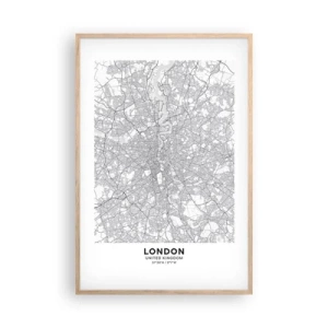 Plakat i ramme af lyst egetræ - Kort over Londons labyrint - 61x91 cm
