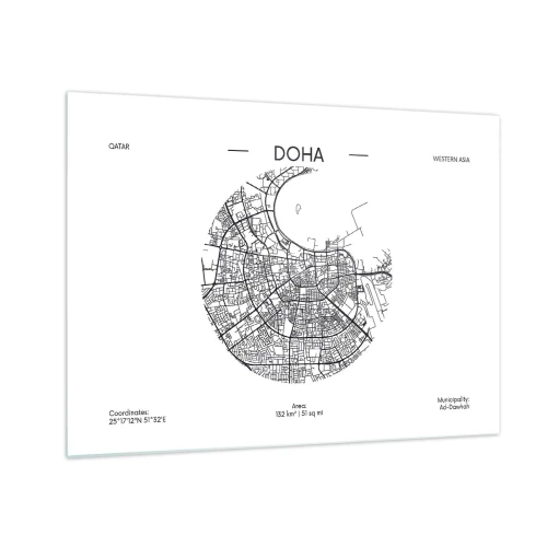 Billede på glas - Et grafisk kort over Doha i en sort-hvid minimalistisk stil. - 70x50cm - Dohas anatomi - Moderne vægdekoration til stue og soveværelse ARTTOR