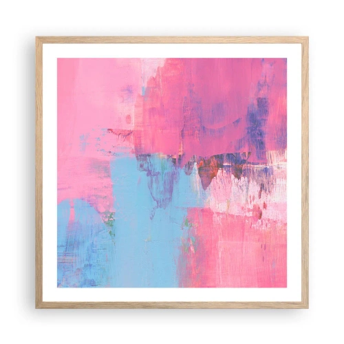 Plakat i ramme af lyst egetræ - Lyserød, blå og en knivspids lys - 60x60 cm