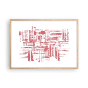 Plakat i ramme af lyst egetræ - Rød by - 70x50 cm