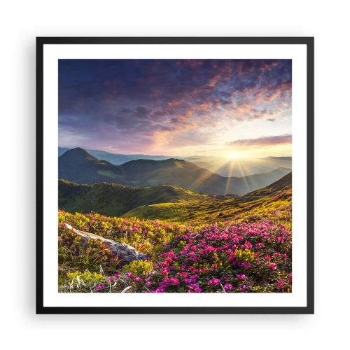 Plakat i sort ramme - Friskheden af en morgen i bjergene - 60x60 cm