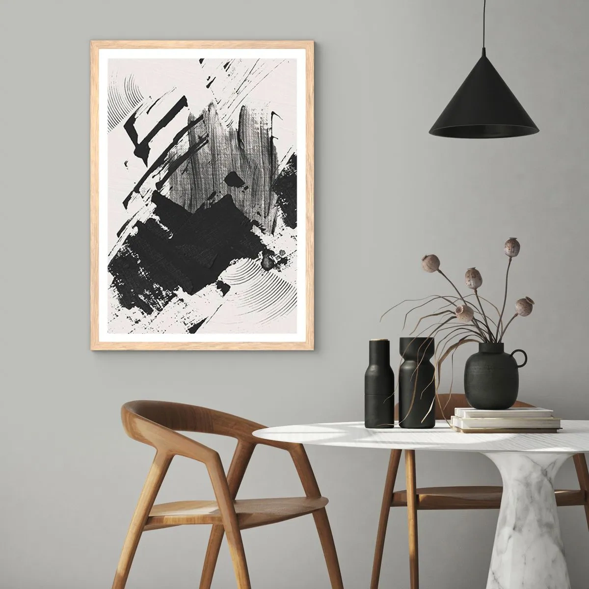 Plakat i ramme af lyst egetræ - Abstraktion - det sortes udtryk - 30x40 cm