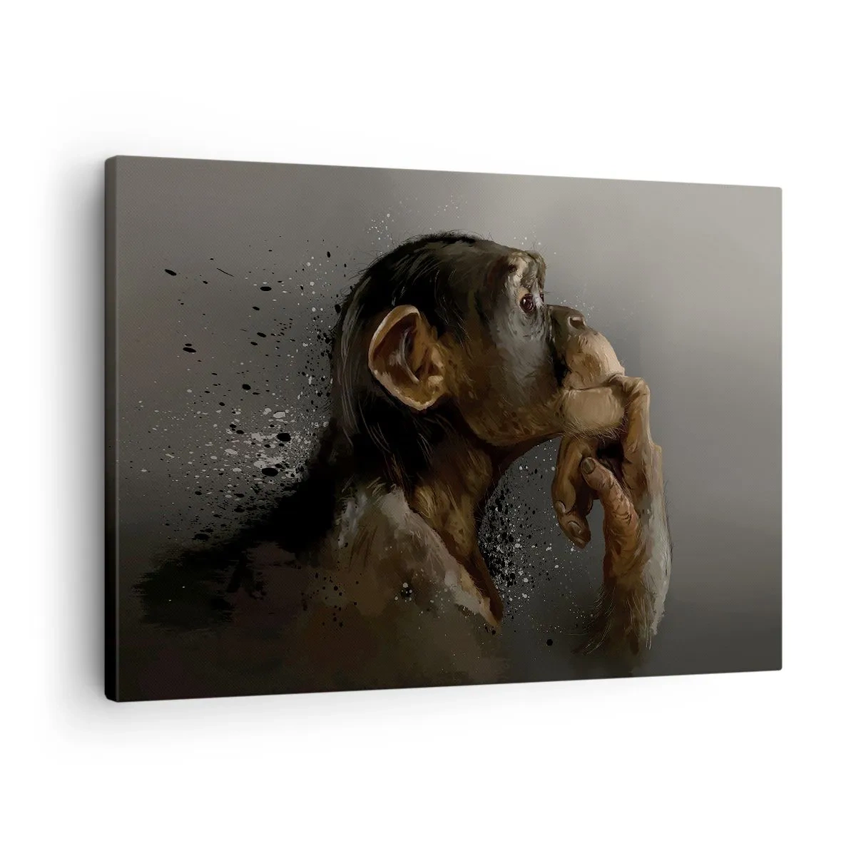 Lærredstryk - Billede på lærred - Portræt af en abe i en reflekterende positur mod en grå baggrund - 70x50cm - Helt sikkert en tænker - Moderne vægdekoration til stue og soveværelse ARTTOR