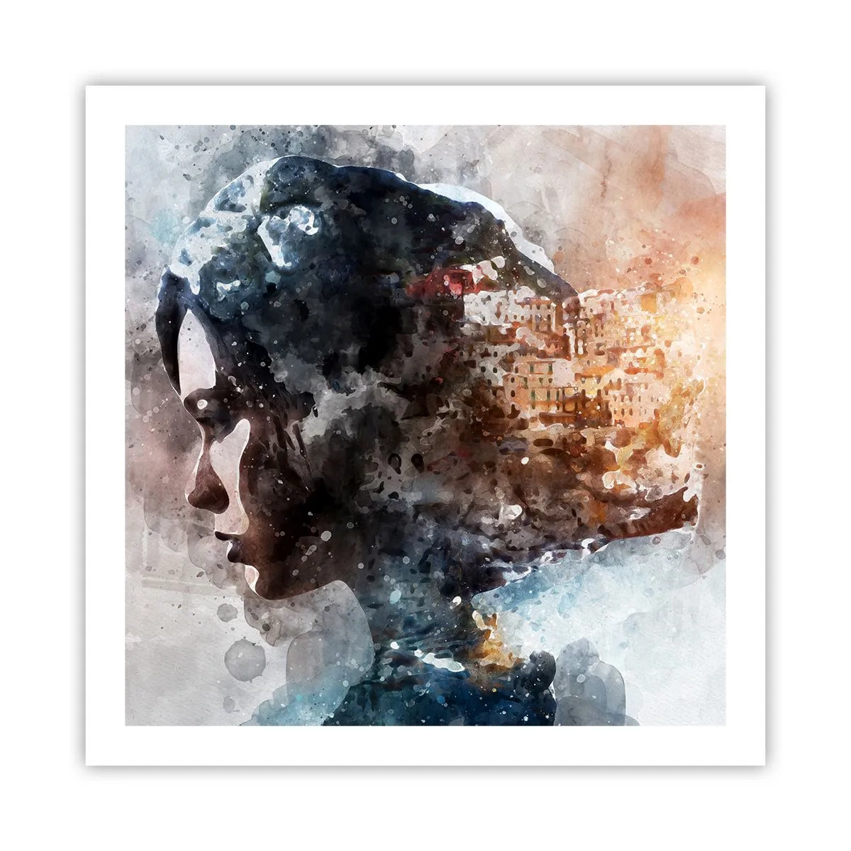Plakat - Historien om en pige med en by i baggrunden - 60x60 cm