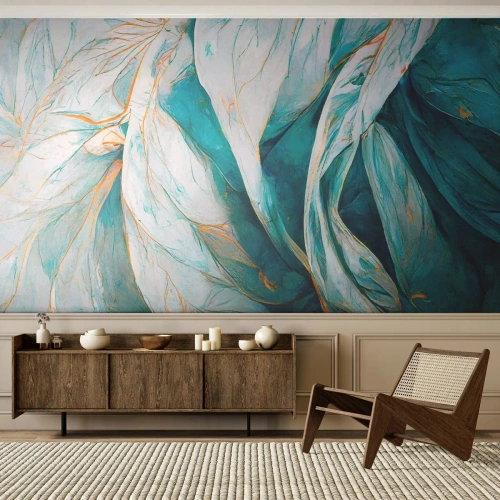 Fototapet Standard Eco - Viftende blå blade med en delikat guld accent - 100x70cm - Blå abstraktion med et guldmotiv - Moderne vægdekoration til stue og soveværelse ARTTOR
