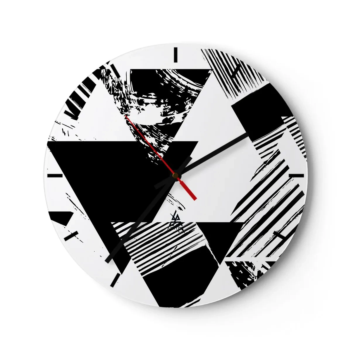 Vægur, Uret - Sort-hvid geometrisk komposition med trekanter - 30x30cm - Regn af trekanter - Moderne vægdekoration til stue, køkken og soveværelse ARTTOR