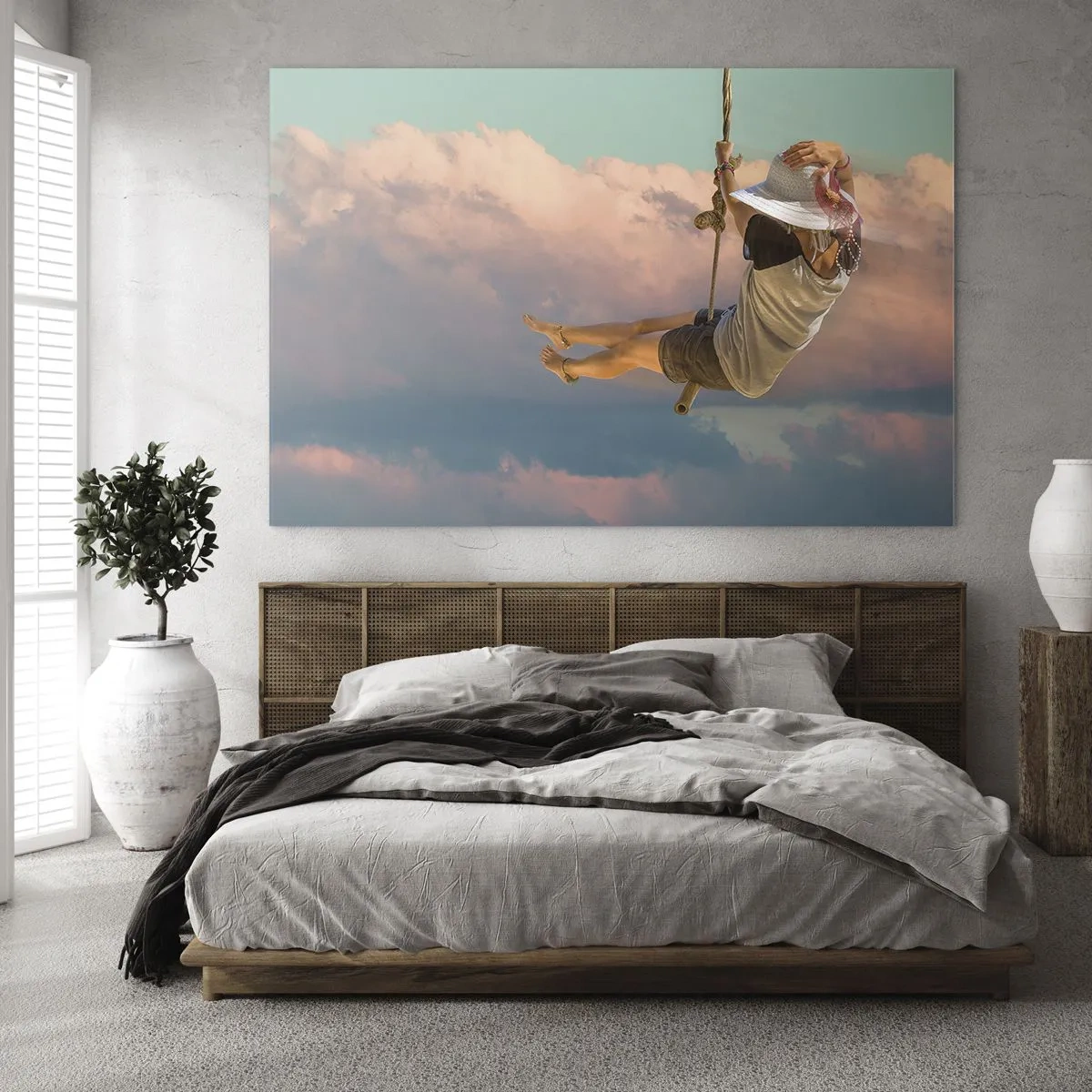 Billede på glas - Pige på en gynge blandt lyserøde skyer - 70x50cm - Sjov i skyerne - Moderne vægdekoration til stue og soveværelse ARTTOR